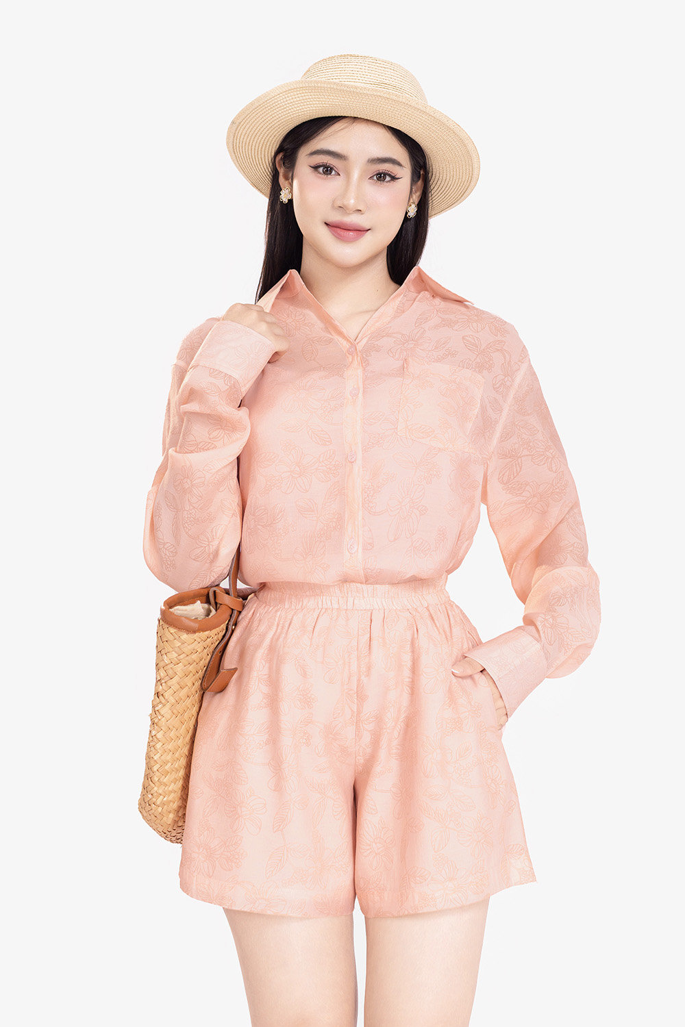 Áo sơ mi nữ họa tiết hoa màu hồng