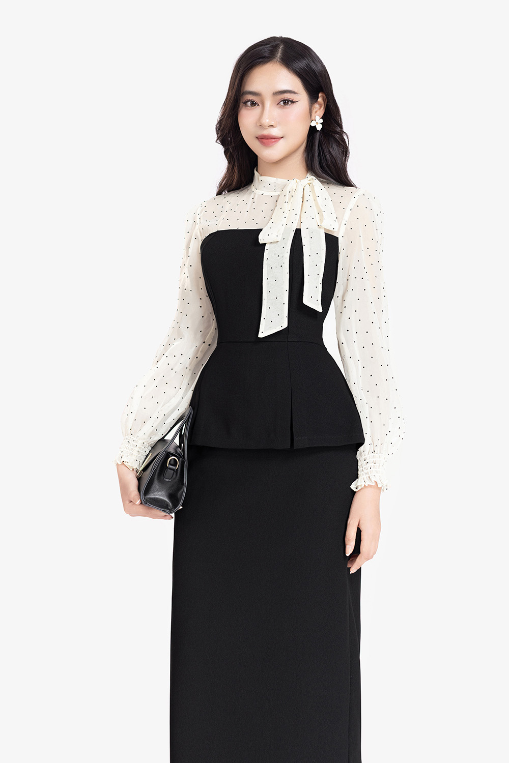Áo peplum công sở nữ phối chấm bi