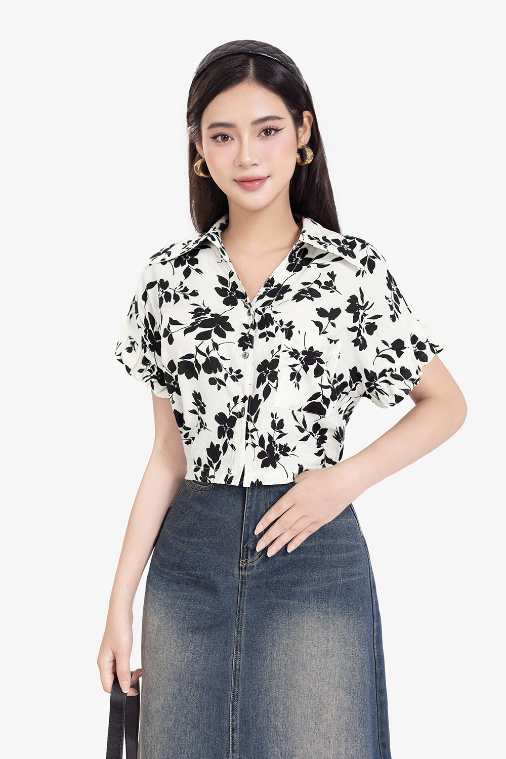 Áo sơ mi kiểu croptop nữ họa tiết hoa