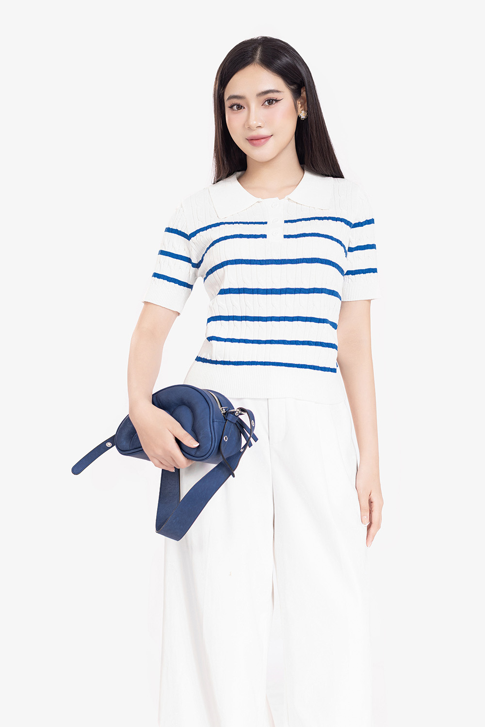 Áo polo dệt kim trắng sọc xanh