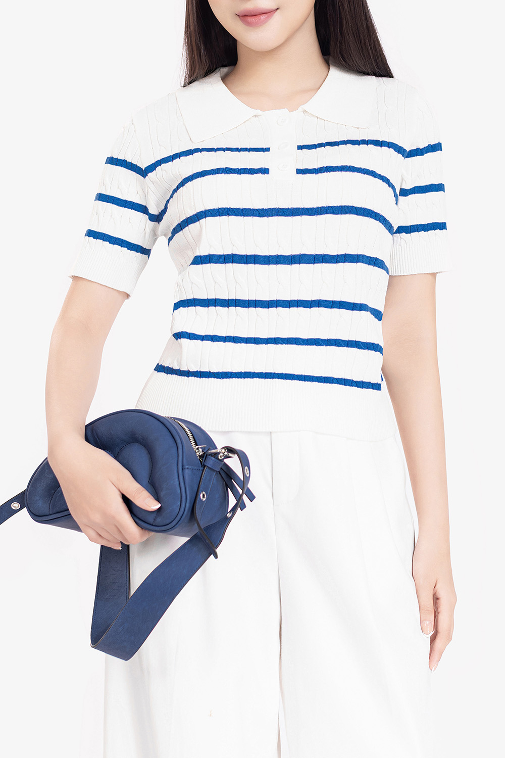 Áo polo dệt kim trắng sọc xanh