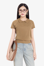 Áo len dệt kim màu nâu cổ polo