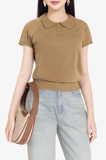 Áo len dệt kim màu nâu cổ polo