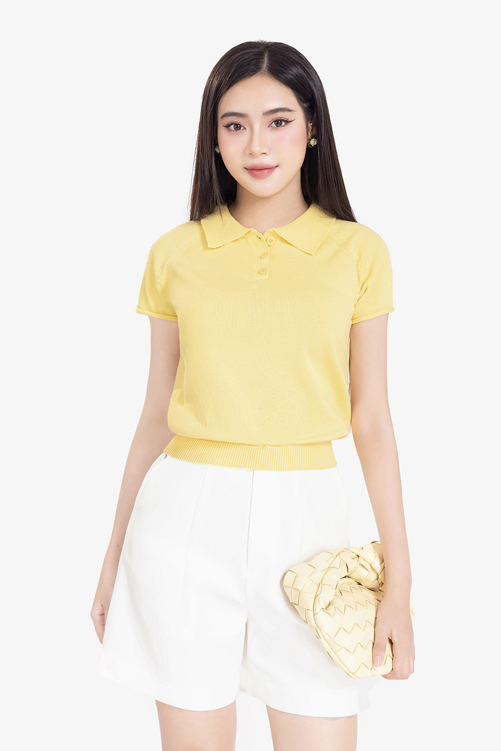 Áo polo len dệt kim màu vàng