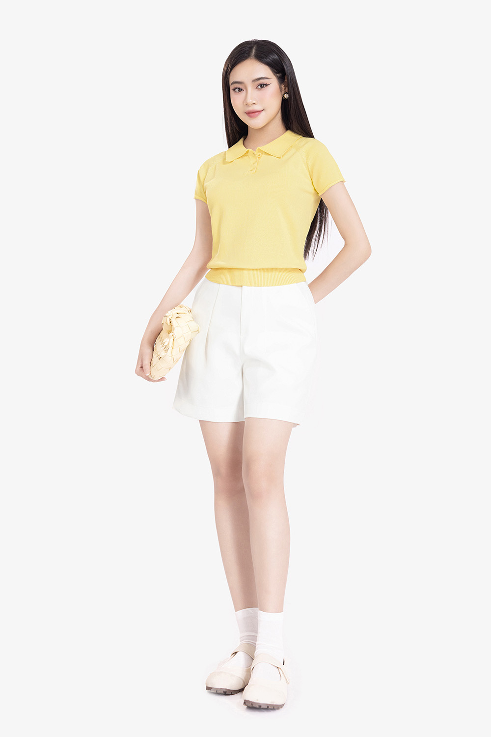 Áo polo len dệt kim màu vàng