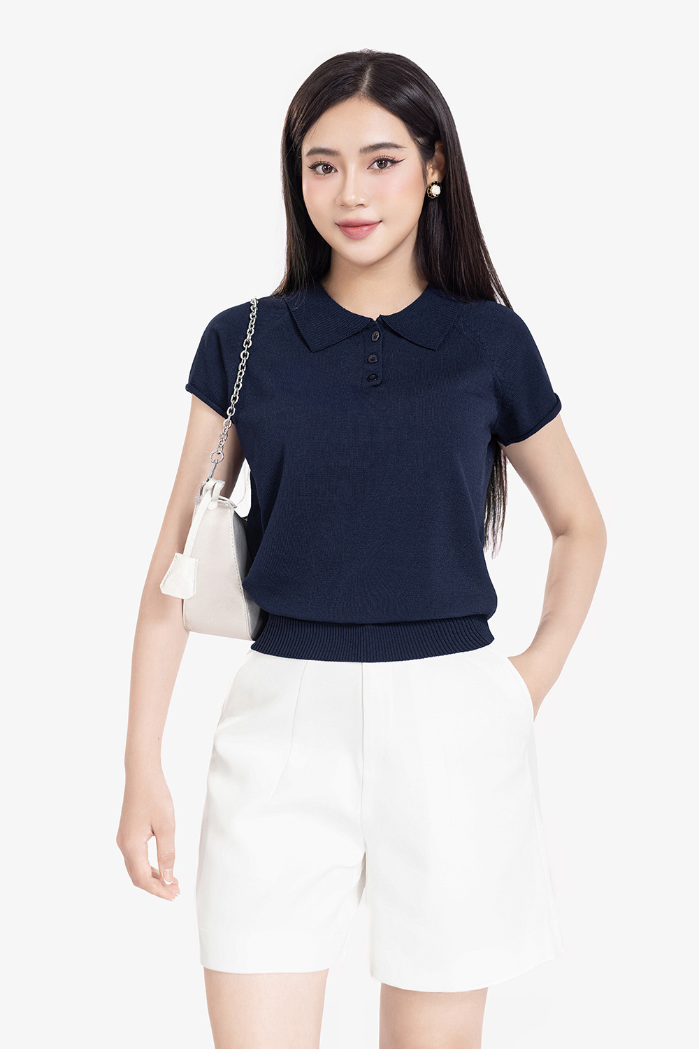 Áo polo nữ dệt kim màu xanh đen