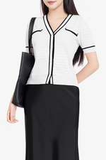 Áo cardigan dệt kim màu trắng viền đen