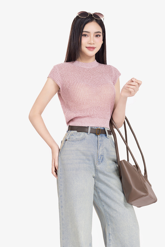 Áo len dệt kim cổ lọ tay chờm màu hồng ASM26-17