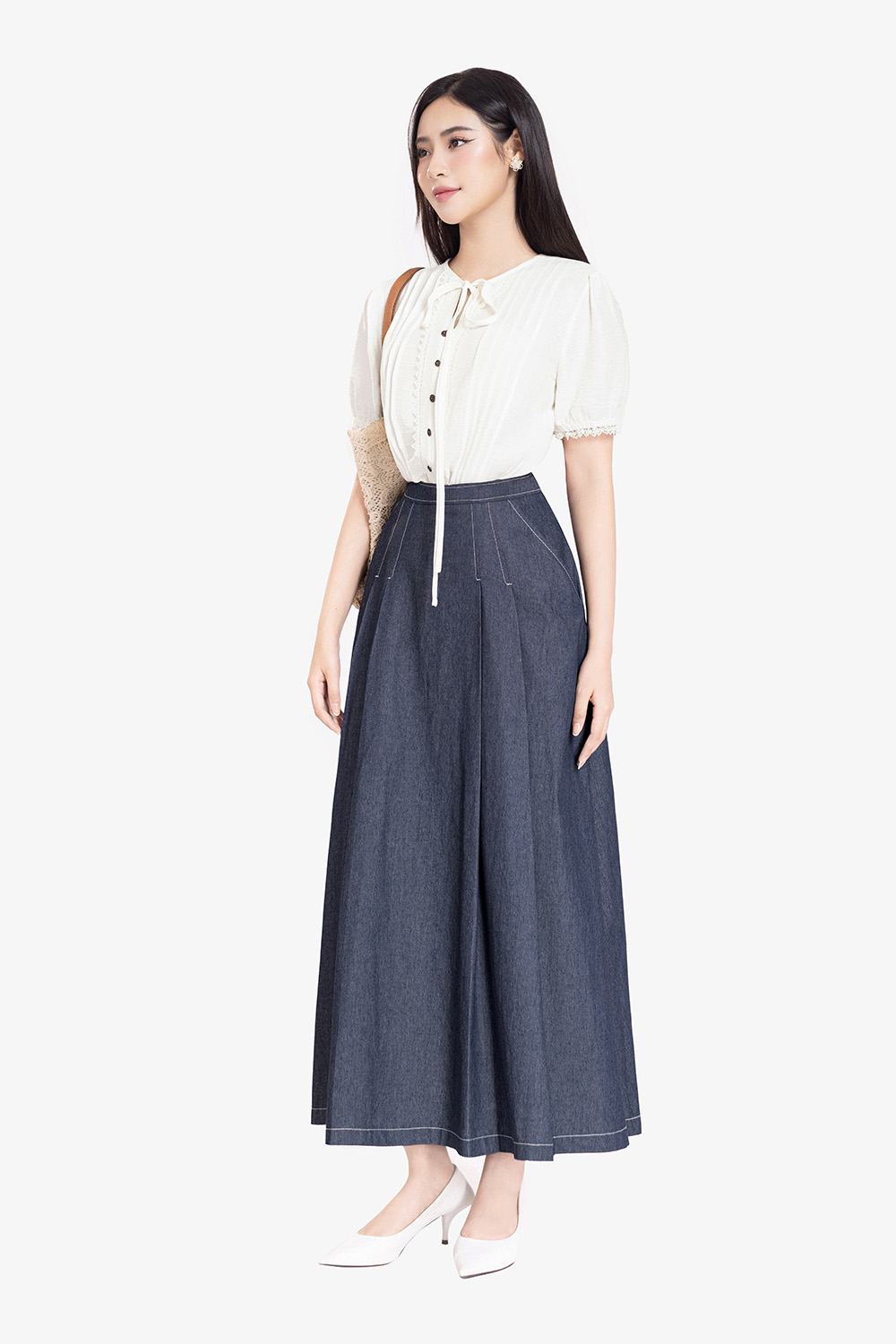 Chân váy denim dáng xòe xếp ly