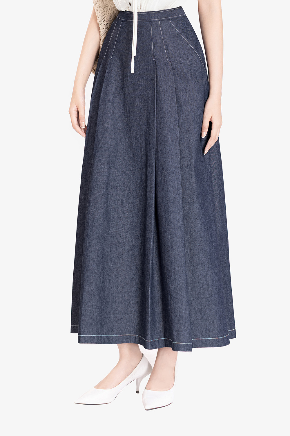 Chân váy denim dáng xòe xếp ly