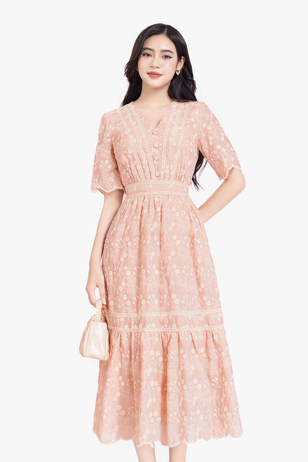 Đầm hoa hồng xòe đuôi cá phối ren