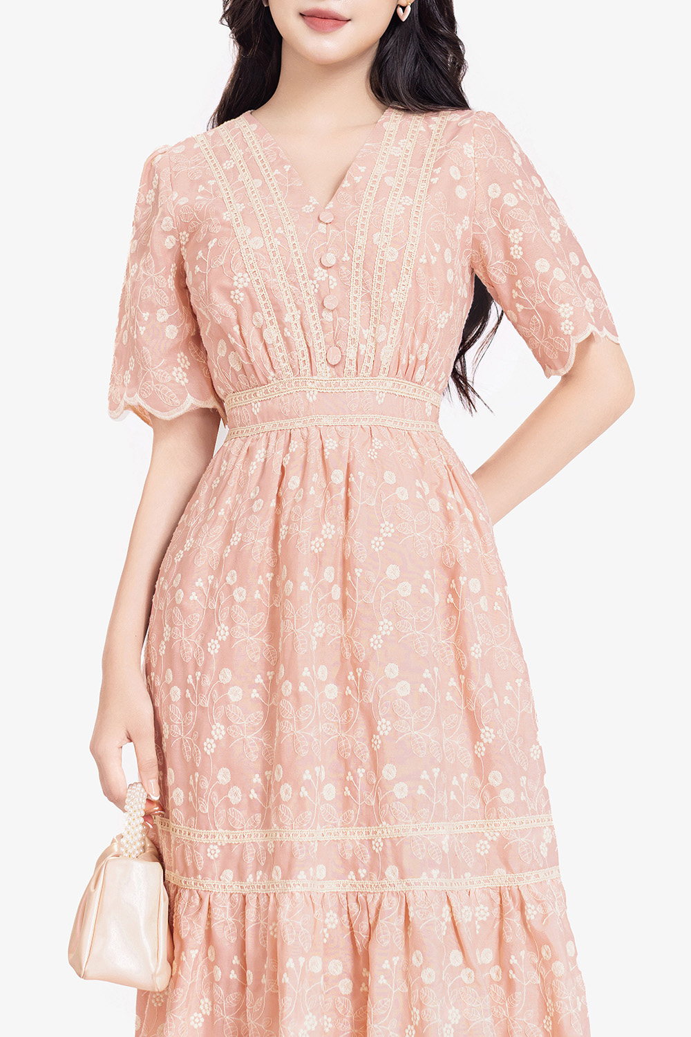 Đầm hoa hồng xòe đuôi cá phối ren