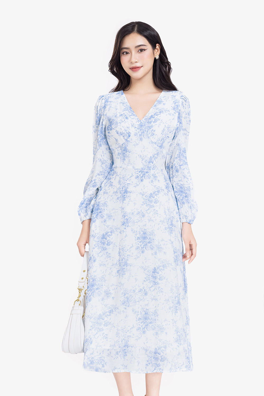 Đầm hoa dáng chữ A dài cổ V