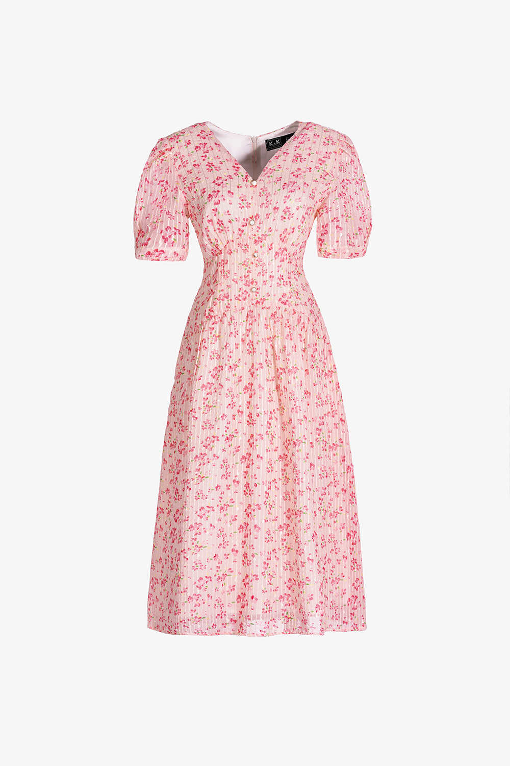 Đầm xòe hoa nhí cổ V tay phồng