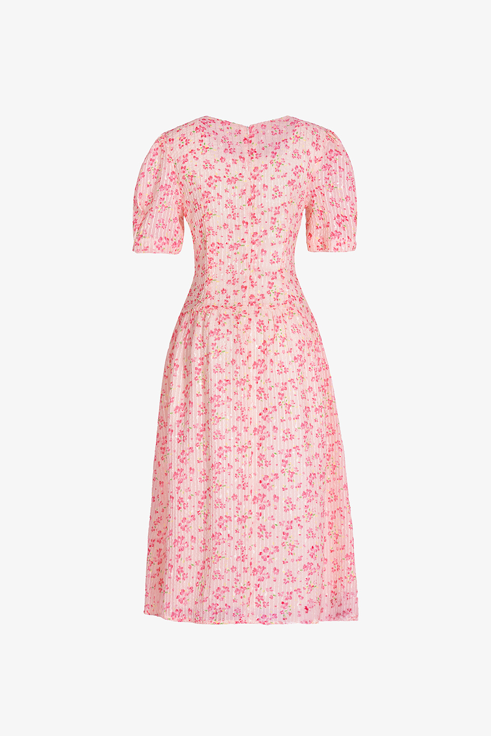 Đầm xòe hoa nhí cổ V tay phồng