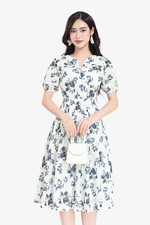 Đầm hoa xòe xếp ly tay phồng