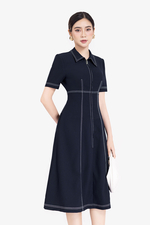 Đầm công sở chữ A xanh đen phối viền chỉ