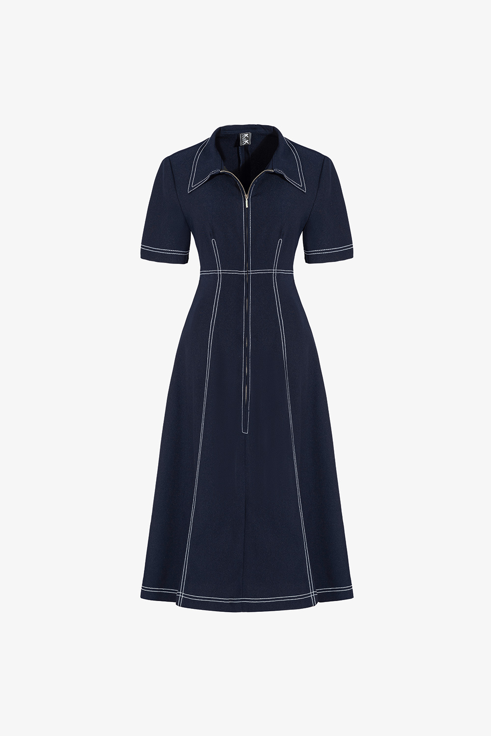 Đầm công sở chữ A xanh đen phối viền chỉ