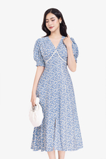Đầm xòe hoa nhí màu xanh cổ V
