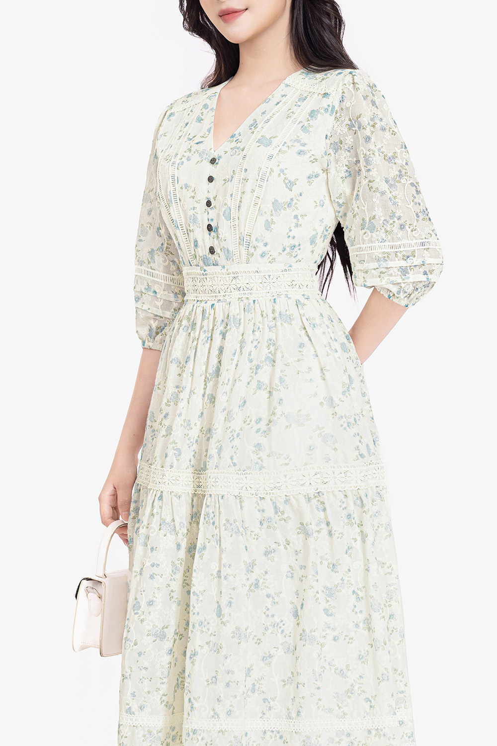 Đầm xô thêu hoa nhí dáng xòe dài