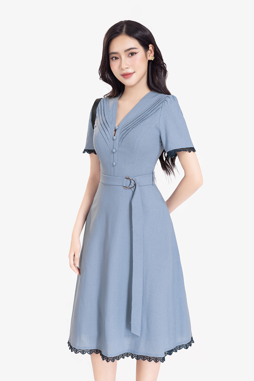 Đầm xanh công sở dáng xòe phối thắt lưng