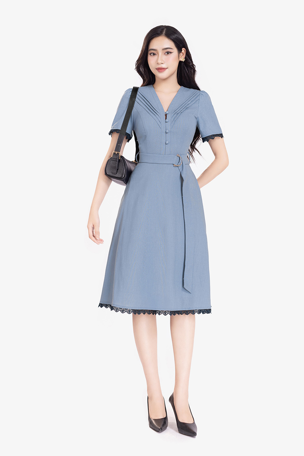 Đầm xanh công sở dáng xòe phối thắt lưng