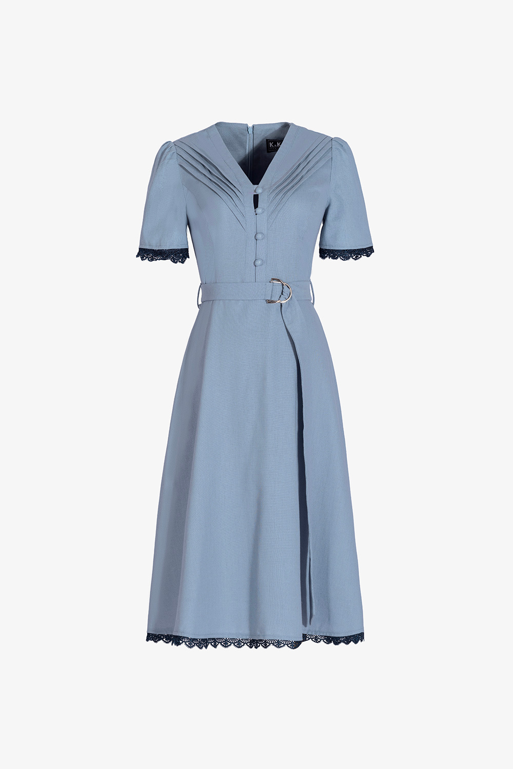 Đầm xanh công sở dáng xòe phối thắt lưng