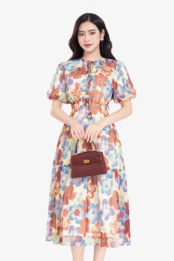 Đầm hoa dáng xòe dài tay phồng