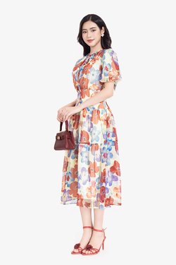 Đầm hoa dáng xòe dài tay phồng
