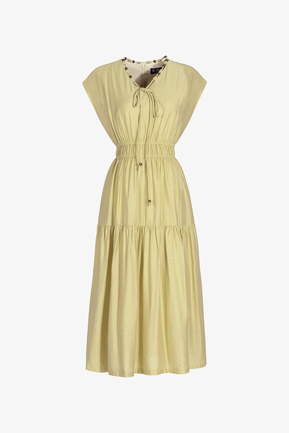 Đầm xòe dáng dài tay hến phối hạt gỗ