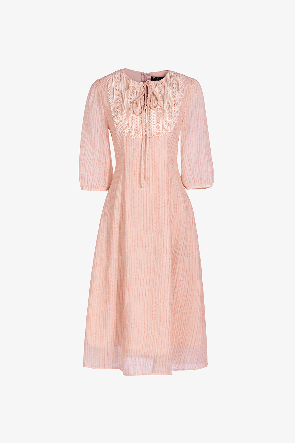 Đầm xòe hồng cổ thắt nơ phối ren