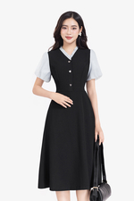 Đầm đen công sở chữ A phối tơ xanh