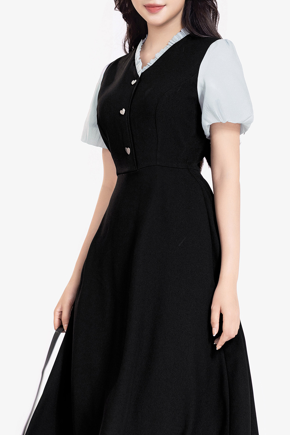 Đầm đen công sở chữ A phối tơ xanh