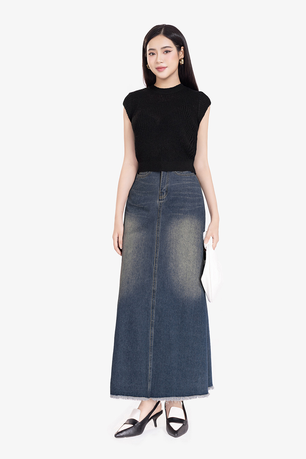 Chân váy jeans dáng chữ A xòe dài