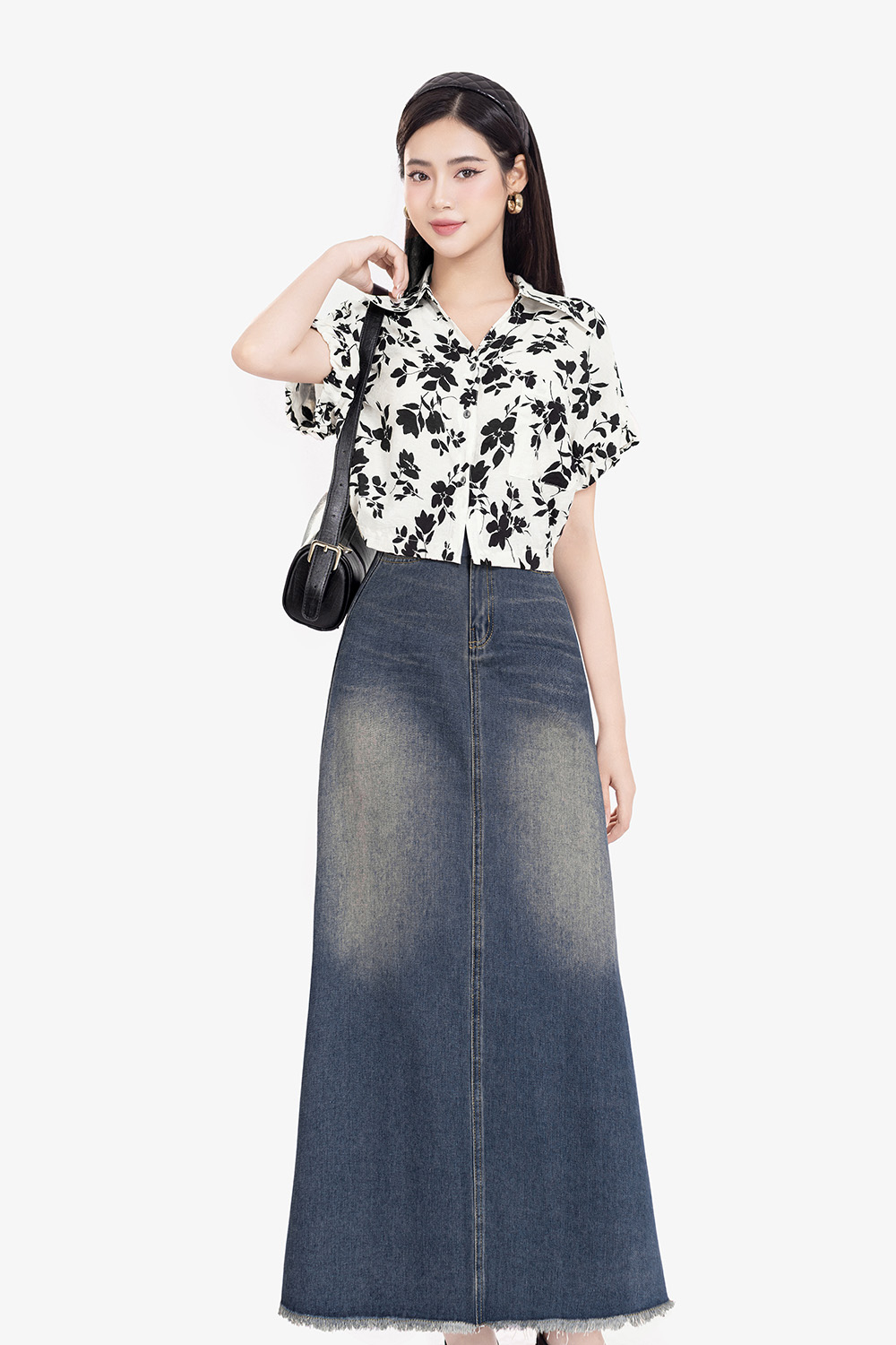 Chân váy jeans dáng chữ A xòe dài