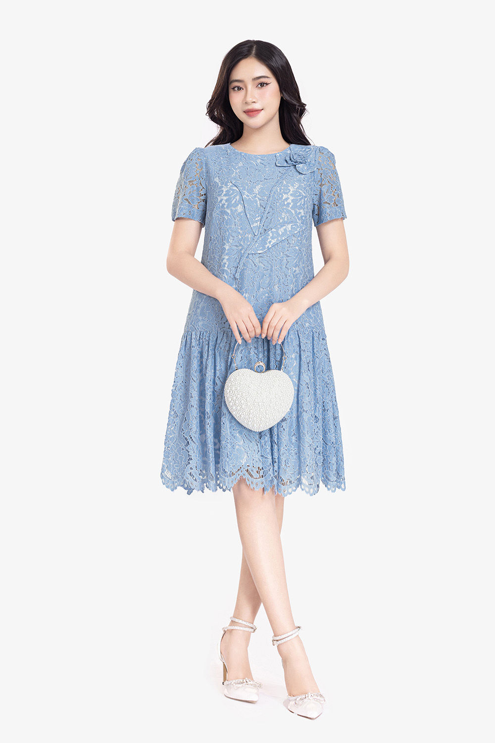 Đầm suông ren đuôi cá màu xanh