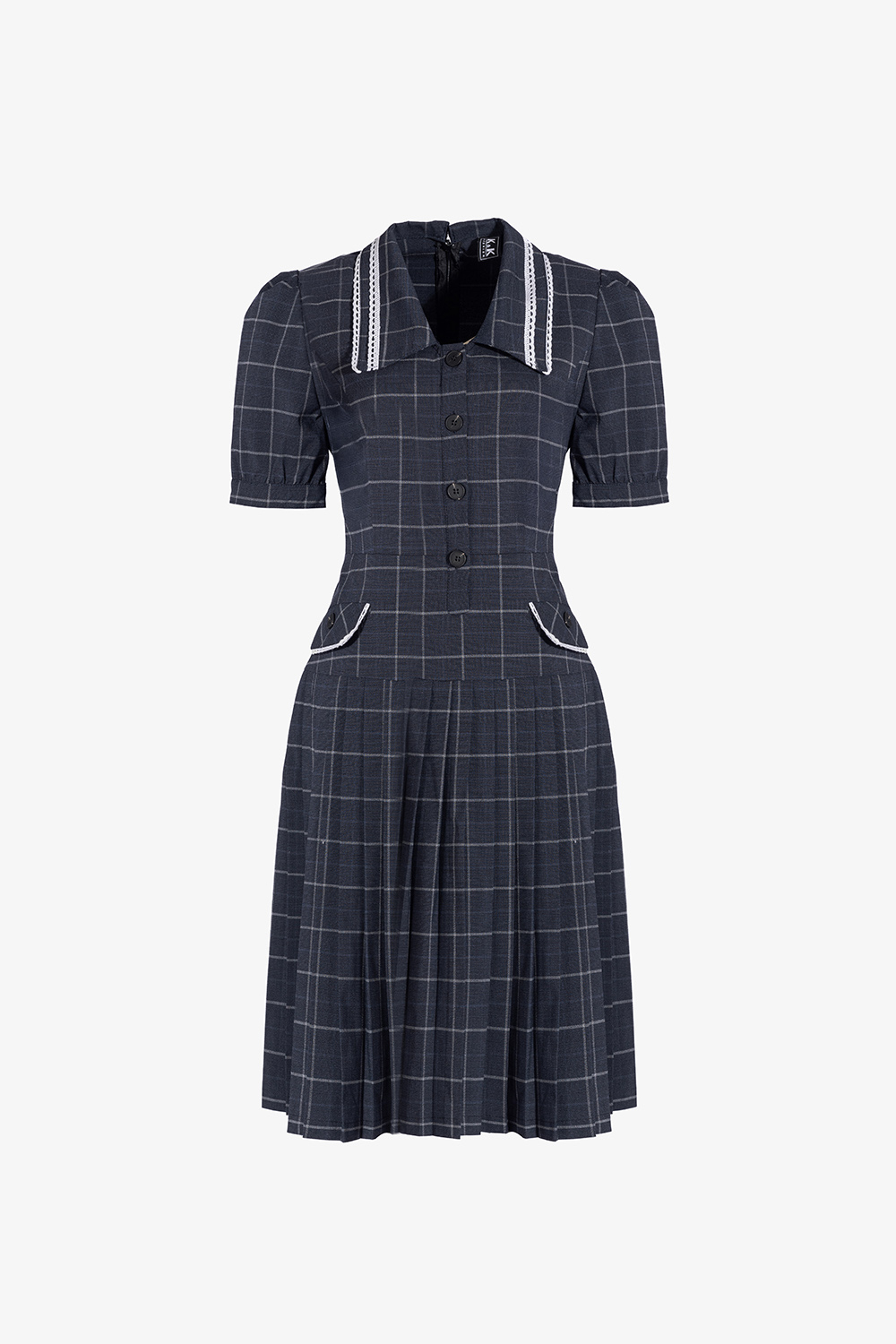 Đầm xòe caro tùng xếp ly phối đăng ten