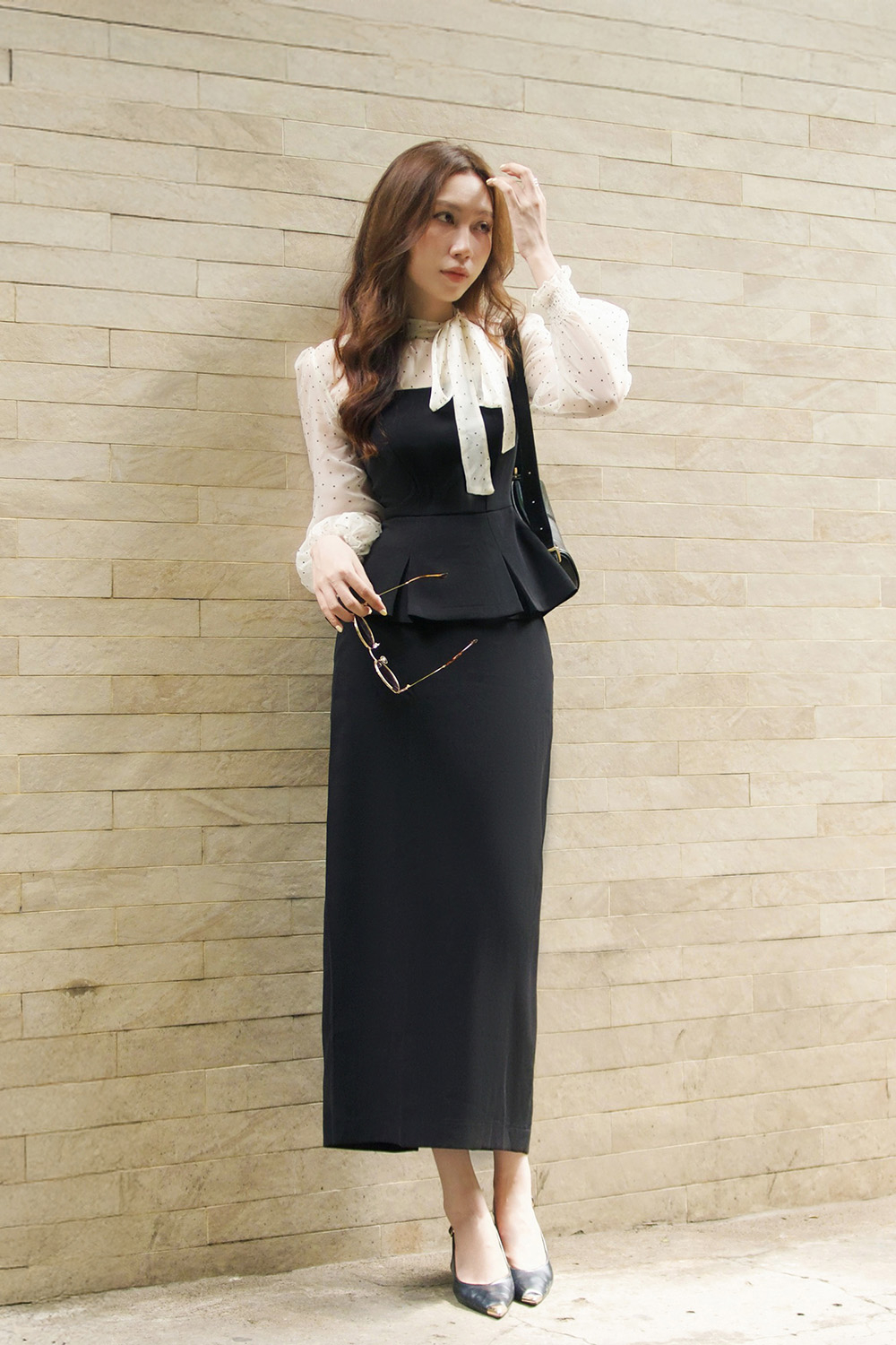 Áo peplum công sở nữ phối chấm bi