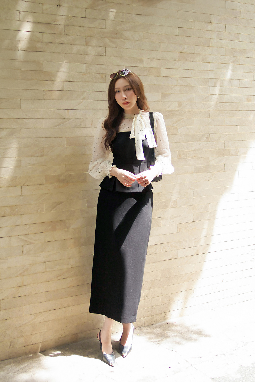 Áo peplum công sở nữ phối chấm bi