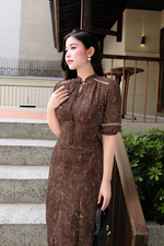 Đầm họa tiết dáng xòe viền đăng ten