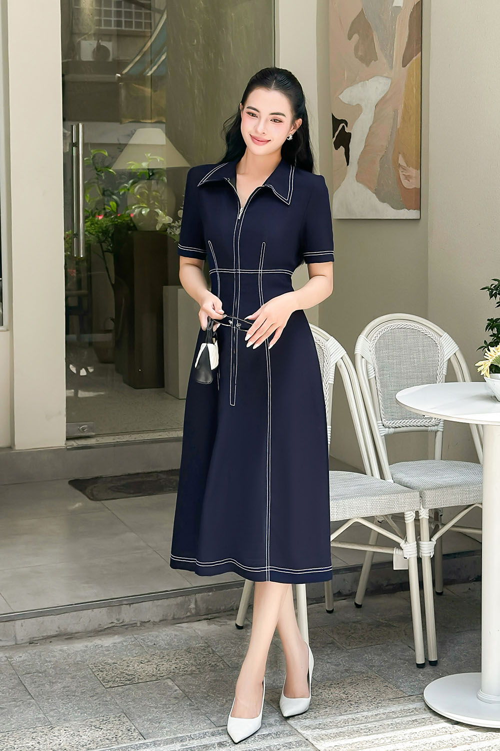 Đầm công sở chữ A xanh đen phối viền chỉ