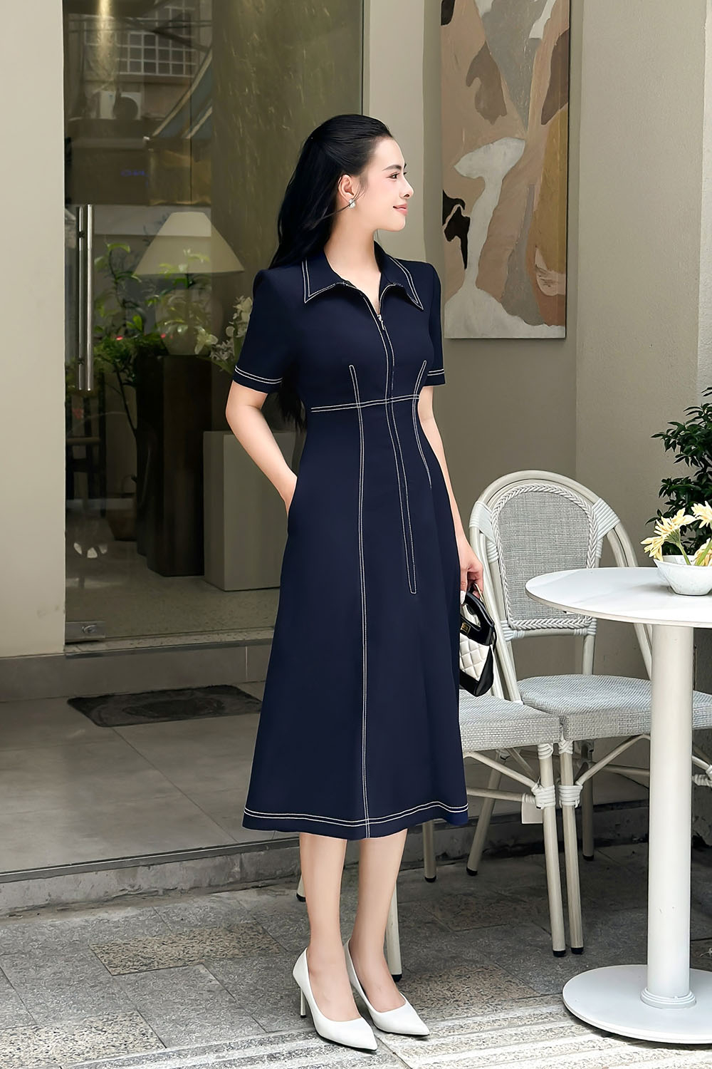 Đầm công sở chữ A xanh đen phối viền chỉ