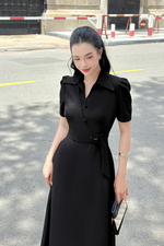 Đầm đen công sở cổ vest dáng chữ A