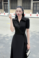Đầm đen công sở cổ vest dáng chữ A