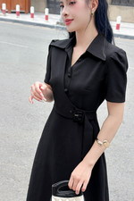 Đầm đen công sở cổ vest dáng chữ A