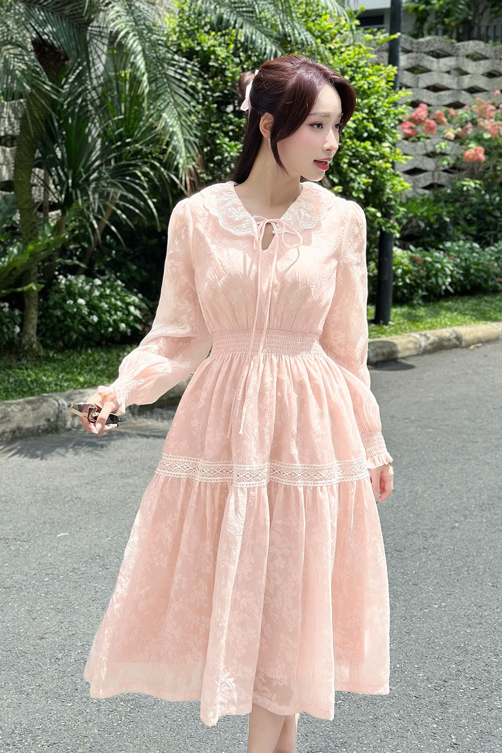 Đầm voan hoa dáng xòe eo bo chun HL31-28