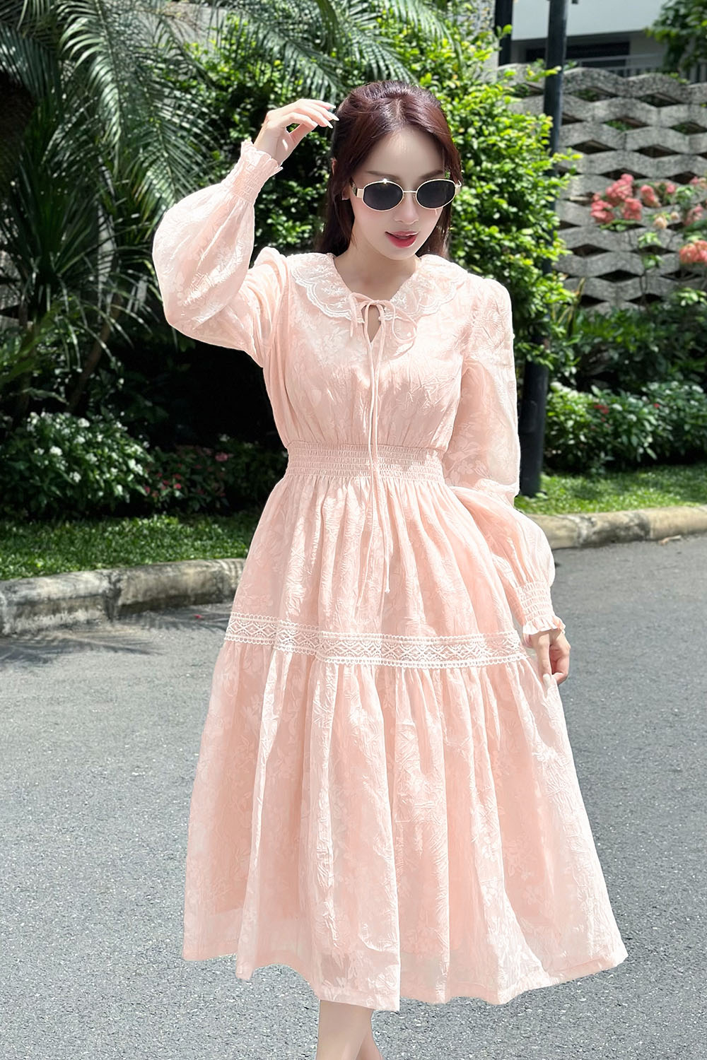 Đầm voan hoa dáng xòe eo bo chun HL31-28