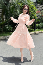 Đầm voan hoa dáng xòe eo bo chun