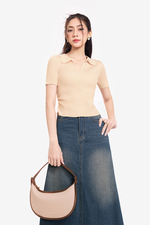 Áo len dệt kim cổ polo nhún eo màu kem