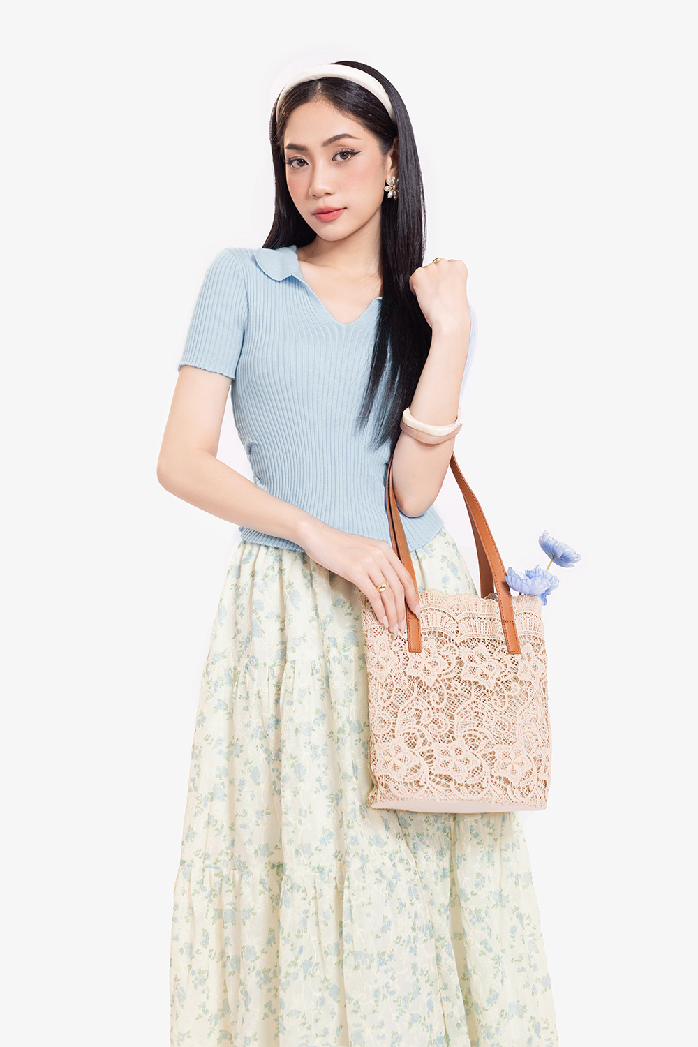 Áo len dệt kim cổ polo nhún eo màu xanh